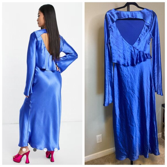 Topshop cobalt satin ruffle back party dress - Picture 2 of 10